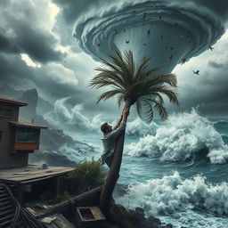 A dramatic storm scene with a man desperately holding onto a bending tree as powerful winds attempt to wrench him free