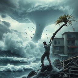 A dramatic storm scene with a man desperately holding onto a bending tree as powerful winds attempt to wrench him free