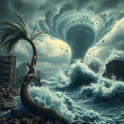 A dramatic storm scene with a man desperately holding onto a bending tree as powerful winds attempt to wrench him free