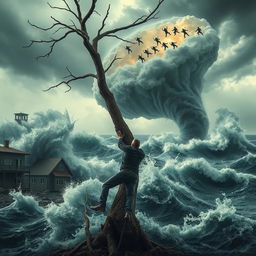 A dramatic storm scene with a man desperately holding onto a bending tree as powerful winds attempt to wrench him free