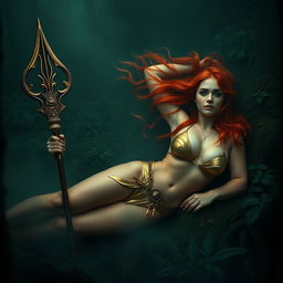 Full body buxom redhaired warrior priestess in a lustrous gold bikini, laying down in a dark, misty forest