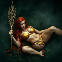 Full body buxom redhaired warrior priestess in a lustrous gold bikini, laying down in a dark, misty forest