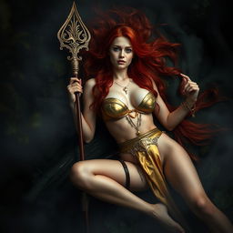 Full body buxom redhaired warrior priestess in a lustrous gold bikini, laying down in a dark, misty forest