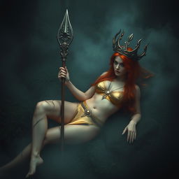 Full body buxom redhaired warrior priestess in a lustrous gold bikini, laying down in a dark, misty forest