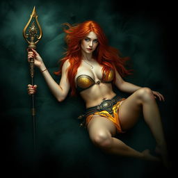 Full body buxom redhaired warrior priestess in a lustrous gold bikini, laying down in a dark, misty forest