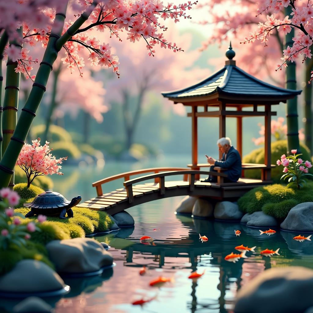 A whimsical haiku poetry scene set in a serene Japanese garden