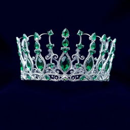 A silver crown adorned with green crystals, set against a deep midnight blue background