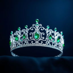 A silver crown adorned with green crystals, set against a deep midnight blue background