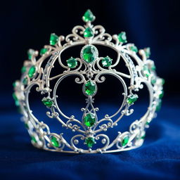 A silver crown adorned with green crystals, set against a deep midnight blue background