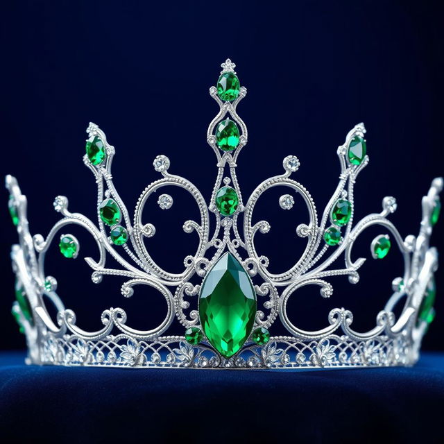 A silver crown adorned with green crystals, set against a deep midnight blue background