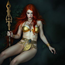 Full body buxom redhaired warrior priestess in a lustrous gold bikini, laying down in a dark, misty forest
