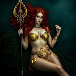 Full body buxom redhaired warrior priestess in a lustrous gold bikini, laying down in a dark, misty forest