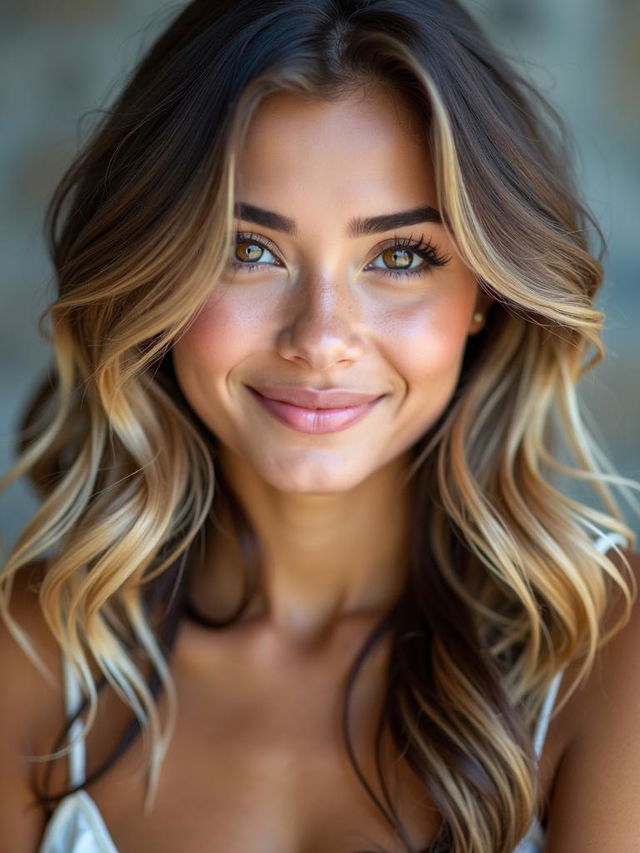 Beautiful HD portrait of a captivating young woman with wavy hair, featuring expressive eyes, a gentle smile, and a sense of grace and elegance