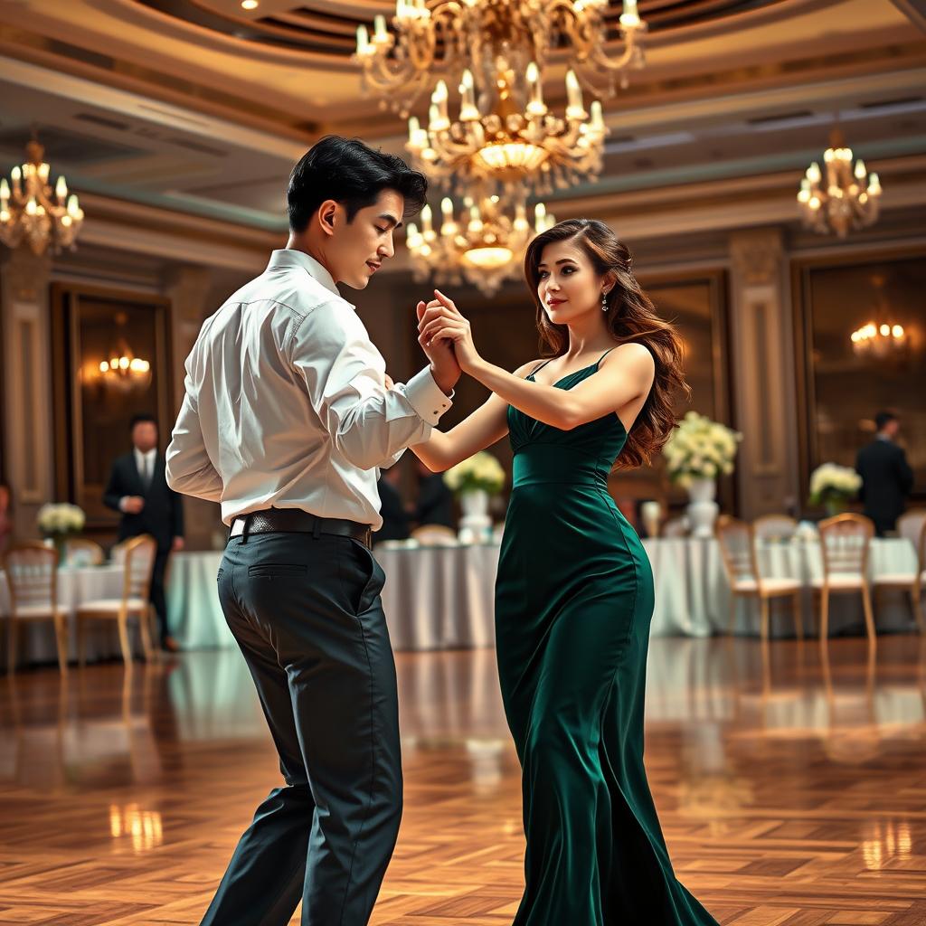 A girl with brown hair and brown eyes wearing a dark green elegant dress dances gracefully with a guy who has black hair and green eyes