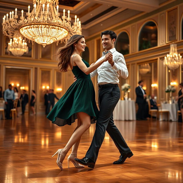 A girl with brown hair and brown eyes wearing a dark green elegant dress dances gracefully with a guy who has black hair and green eyes