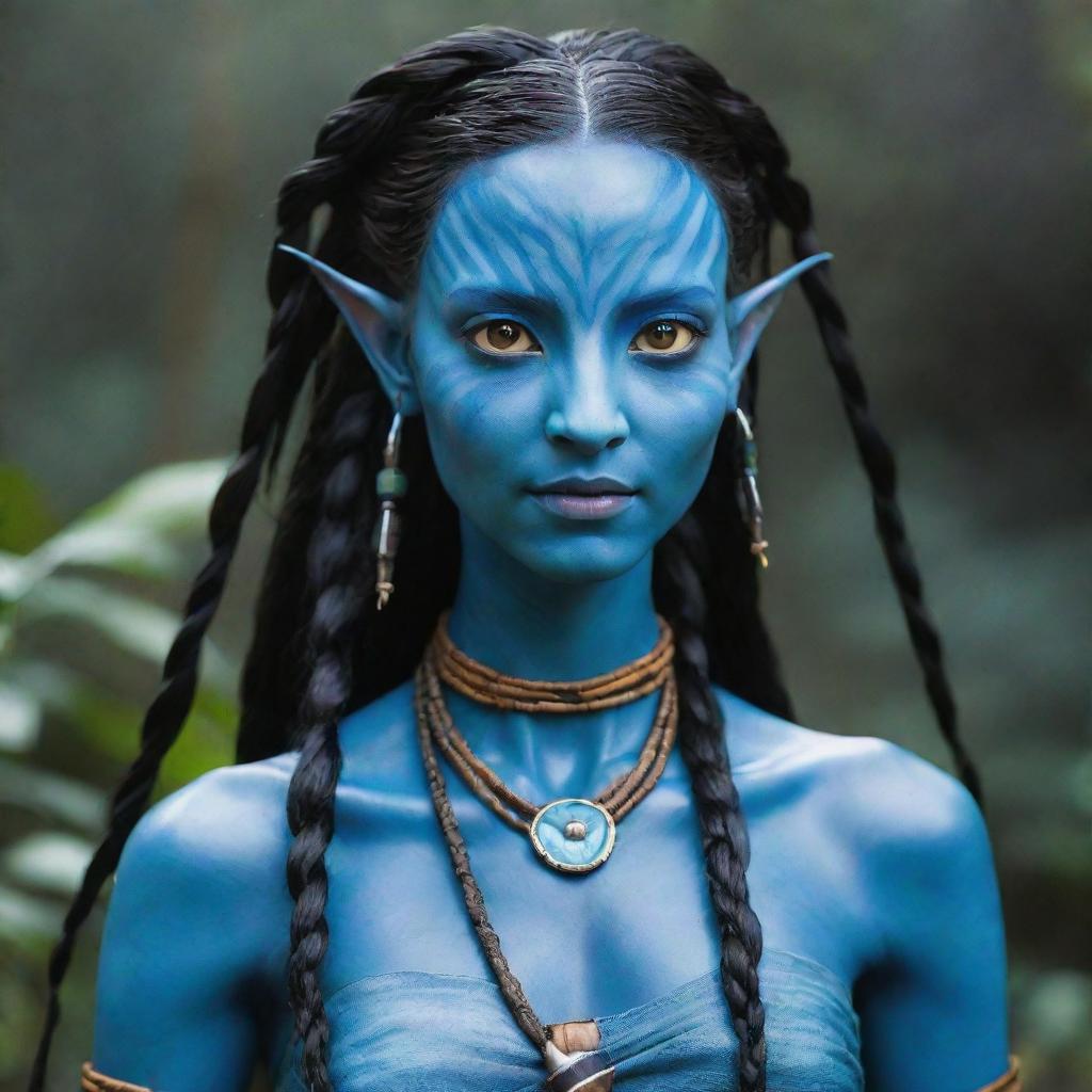 A striking female Navi from the Avatar movie, with her radiant blue skin, large luminescent eyes, and long flowing braids adorned with tribal accessories. Her strong and agile form displays the signature grace of her people.