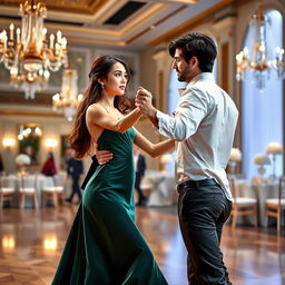 A girl with brown hair and brown eyes wearing a dark green elegant dress dances gracefully with a guy who has black hair and green eyes