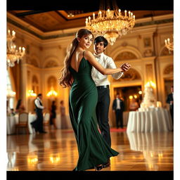 A girl with brown hair and brown eyes wearing a dark green elegant dress dances gracefully with a guy who has black hair and green eyes