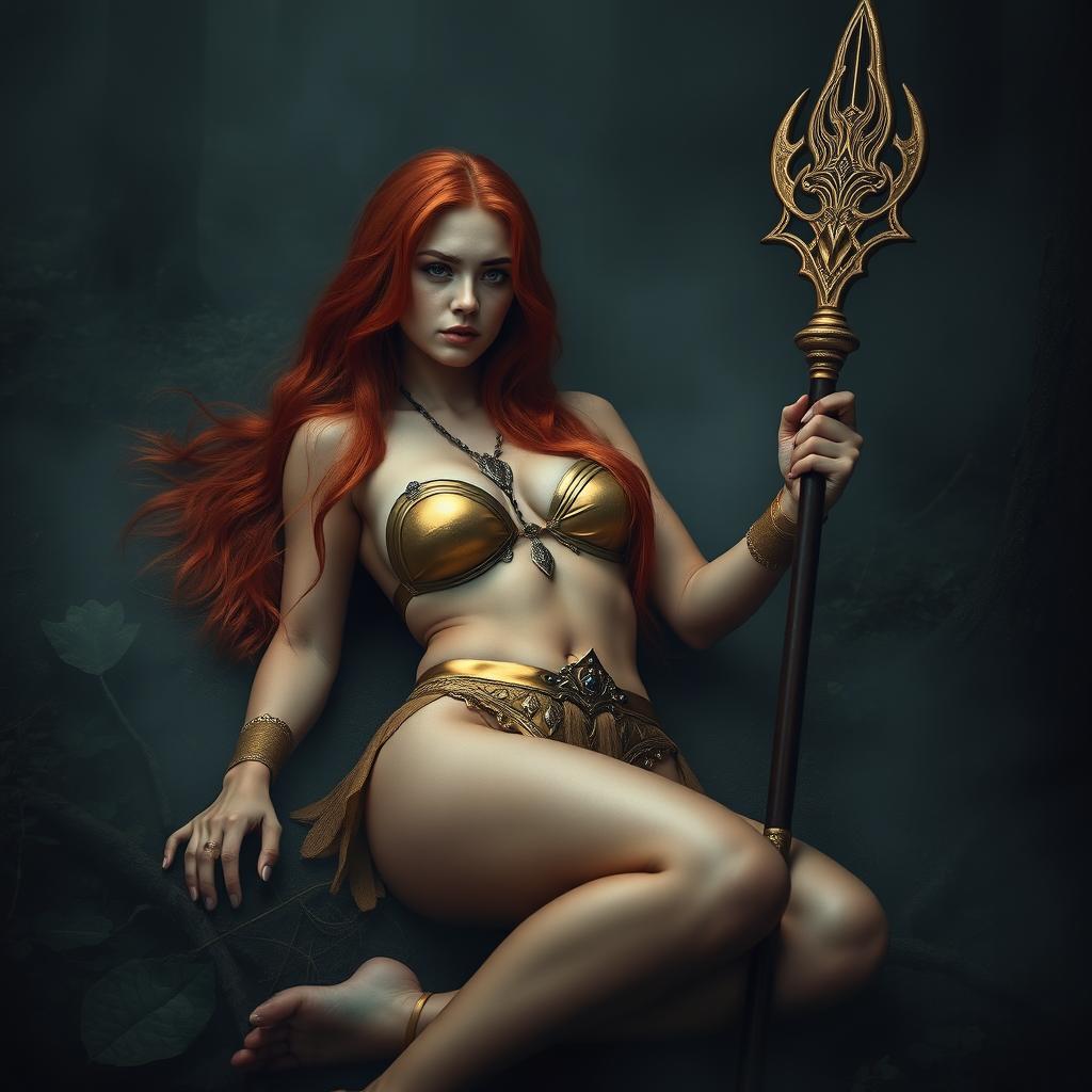 Full body buxom redhaired warrior priestess in a lustrous gold bikini, laying down in a dark, misty forest