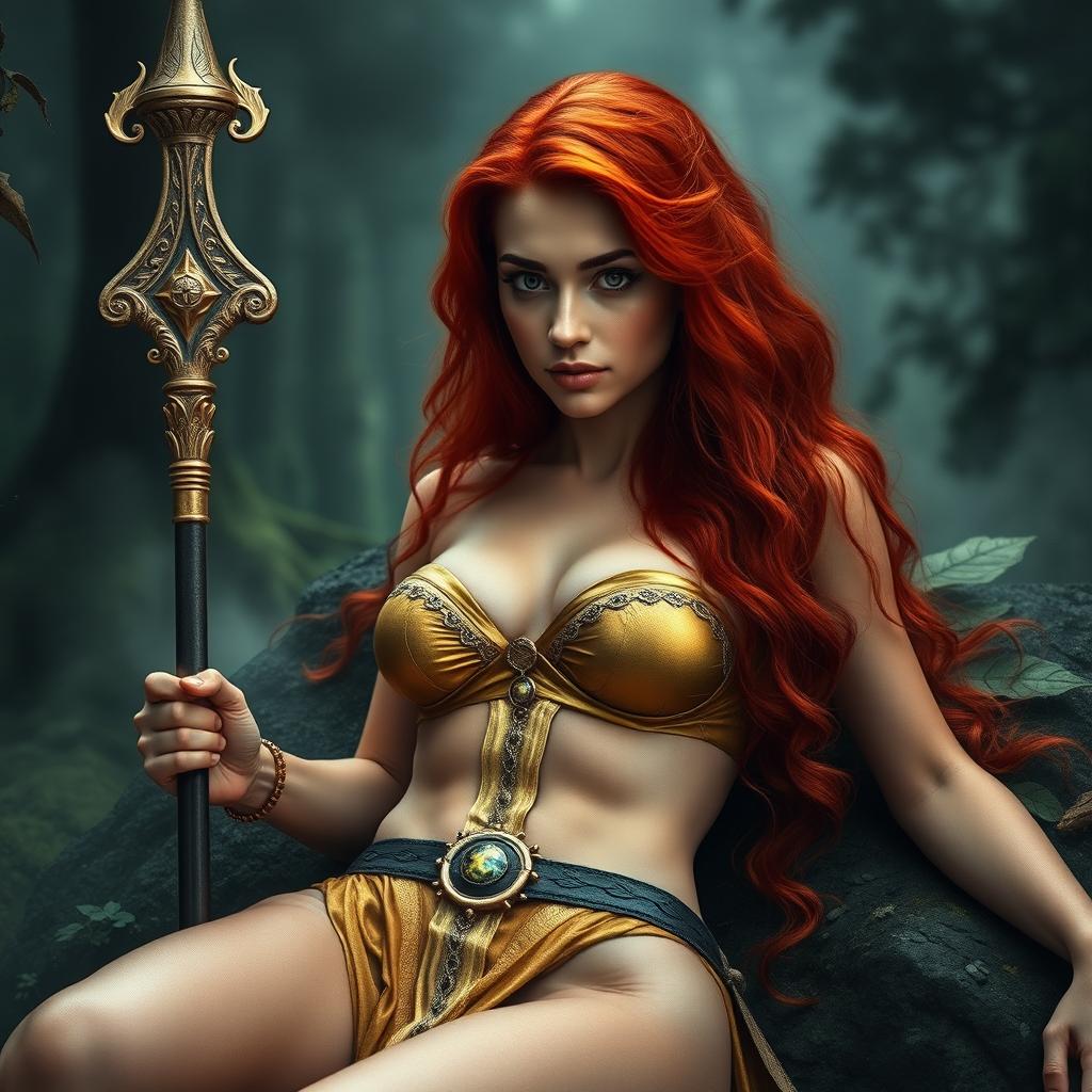 Full body buxom redhaired warrior priestess in a lustrous gold bikini, laying down in a dark, misty forest