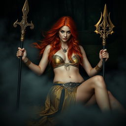 Full body buxom redhaired warrior priestess in a lustrous gold bikini, laying down in a dark, misty forest