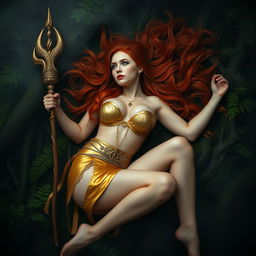 Full body buxom redhaired warrior priestess in a lustrous gold bikini, laying down in a dark, misty forest