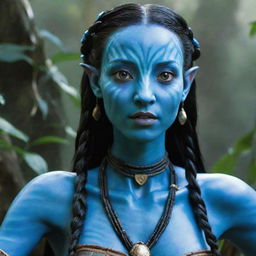 A striking female Navi from the Avatar movie, with her radiant blue skin, large luminescent eyes, and long flowing braids adorned with tribal accessories. Her strong and agile form displays the signature grace of her people.