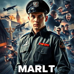 A movie poster showcasing a young and principled Marat, a recent graduate from the Academy of the Ministry of Internal Affairs, as he embarks on his first assignment as a precinct officer in the capital