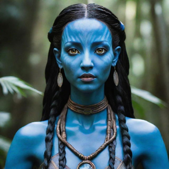 A striking female Navi from the Avatar movie, with her radiant blue skin, large luminescent eyes, and long flowing braids adorned with tribal accessories. Her strong and agile form displays the signature grace of her people.