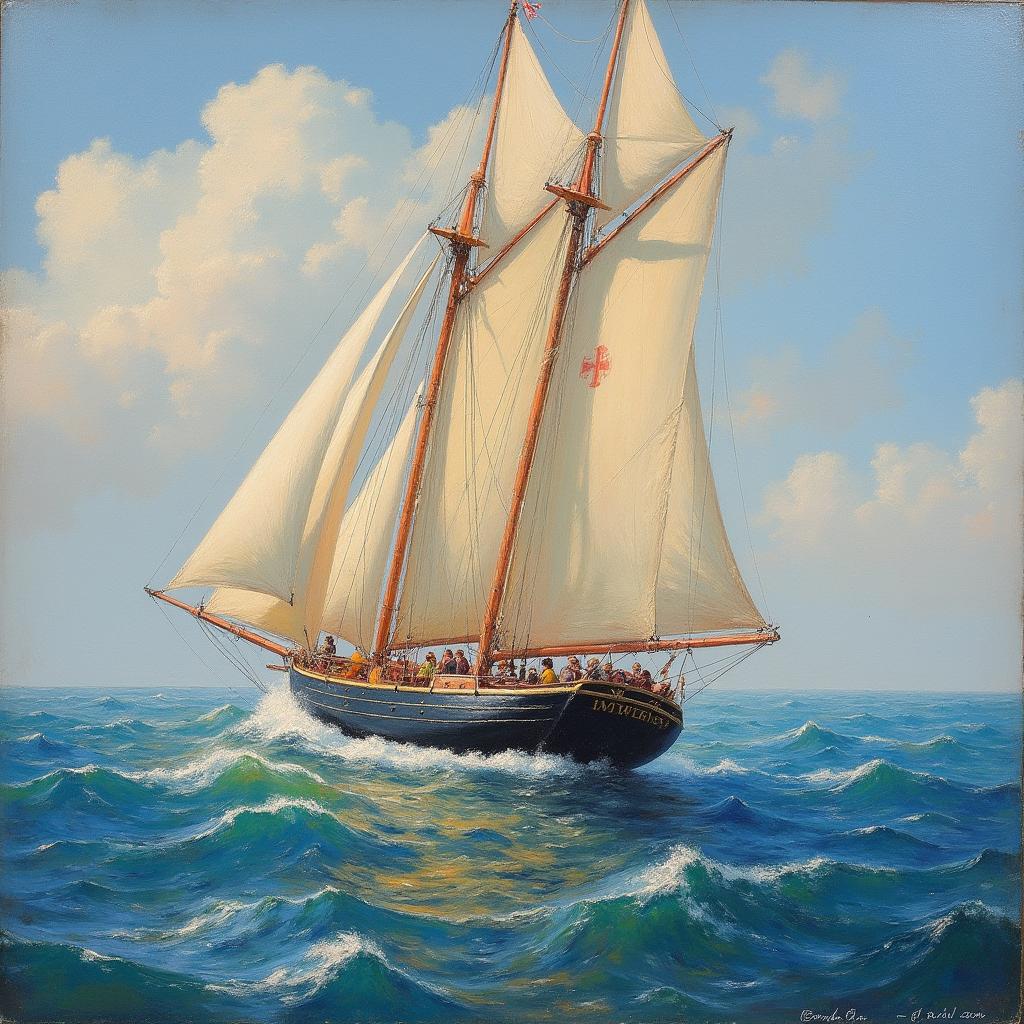 A 19th-century impressionist painting capturing a schooner sailing with its sails fully unfurled, influenced by the style of Claude Monet