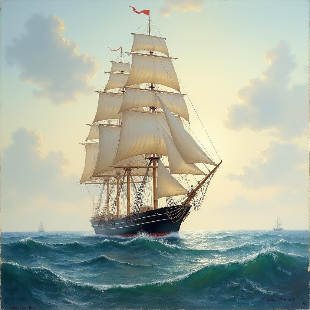 A 19th-century impressionist painting of a majestic merchant ship sailing on the open sea, its sails full and billowing in the wind