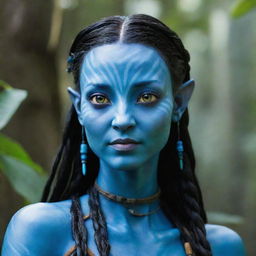 A striking female Navi from the Avatar movie, with her radiant blue skin, large luminescent eyes, and long flowing braids adorned with tribal accessories. Her strong and agile form displays the signature grace of her people.