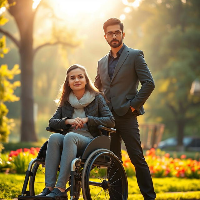 A fictional scene featuring Julia Drack sitting in a stylish, modern wheelchair alongside Kamil Majestic, who stands with a confident and majestic posture beside her