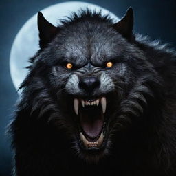 A fearsome werewolf under the moonlight, its snarl revealing sharp fangs, fur bristling, eyes glowing with a predatory look.