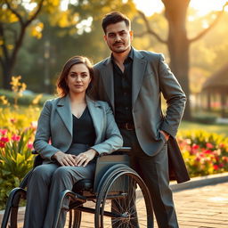 A fictional scene featuring Julia Drack sitting in a stylish, modern wheelchair alongside Kamil Majestic, who stands with a confident and majestic posture beside her