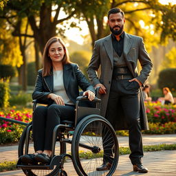 A fictional scene featuring Julia Drack sitting in a stylish, modern wheelchair alongside Kamil Majestic, who stands with a confident and majestic posture beside her