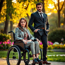 A fictional scene featuring Julia Drack sitting in a stylish, modern wheelchair alongside Kamil Majestic, who stands with a confident and majestic posture beside her