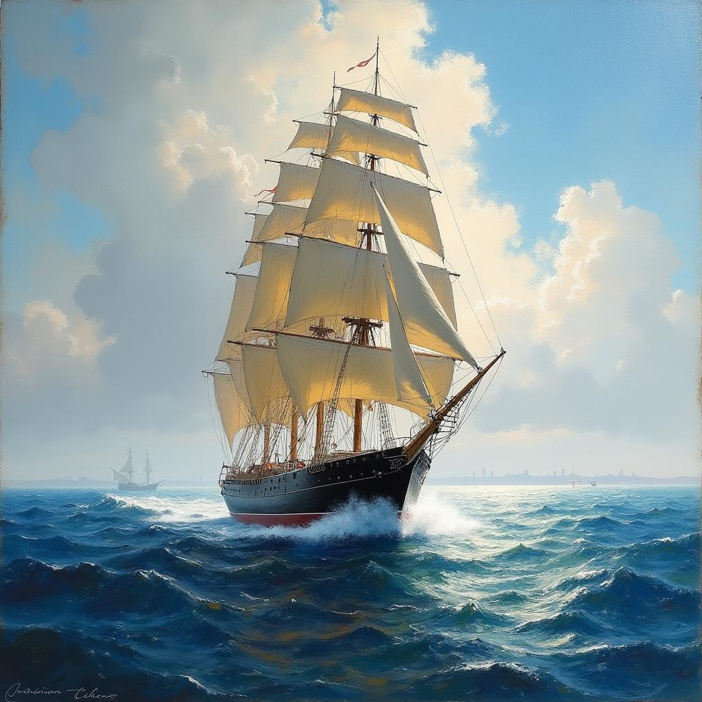 A 19th-century Impressionist painting of a majestic merchant ship sailing on the open sea, its sails billowing and full of wind