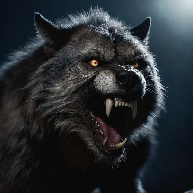 A fearsome werewolf under the moonlight, its snarl revealing sharp fangs, fur bristling, eyes glowing with a predatory look.