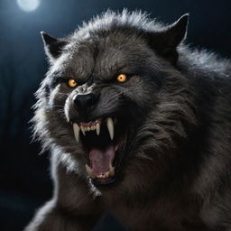 A fearsome werewolf under the moonlight, its snarl revealing sharp fangs, fur bristling, eyes glowing with a predatory look.