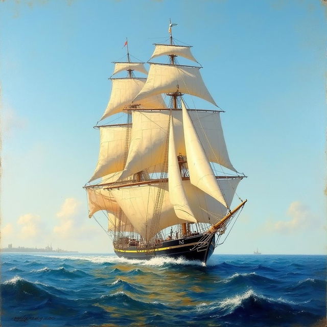 A 19th-century Impressionist painting of a merchant ship majestically sailing with its sails fully unfurled