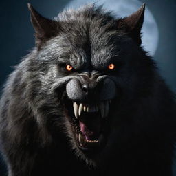 A fearsome werewolf under the moonlight, its snarl revealing sharp fangs, fur bristling, eyes glowing with a predatory look.