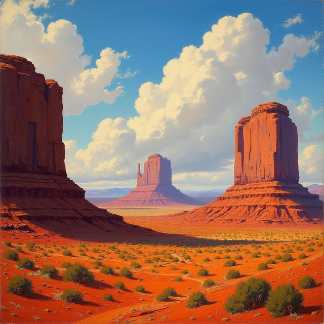 A 19th-century Impressionist painting capturing the majestic landscape of Monument Valley, Utah