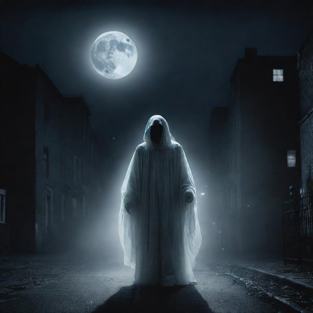 The just judge of the night portrayed as an ethereal urban legend, a spectral figure passing judgment under the ghostly moonlight amidst city surroundings.