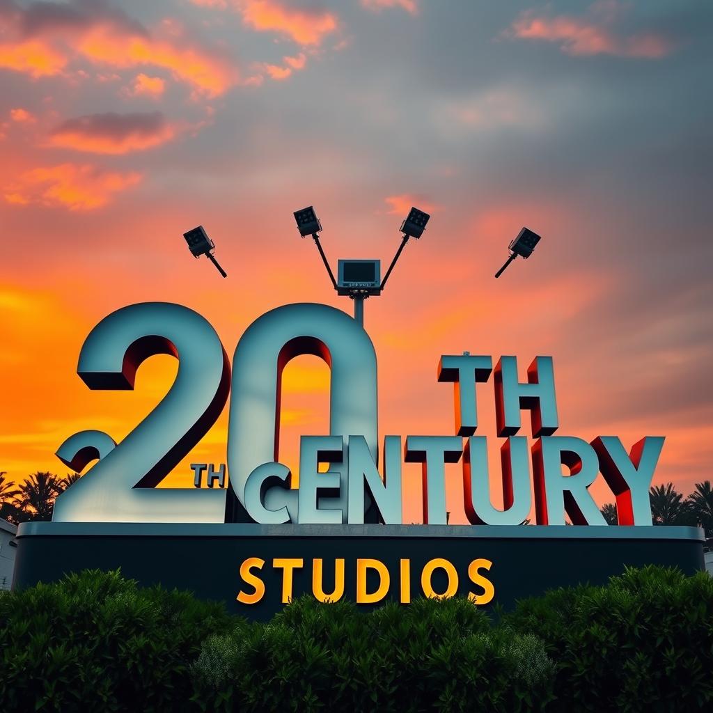 An elegant reimagining of the 20th Century Studios logo, set against a vivid sunset sky