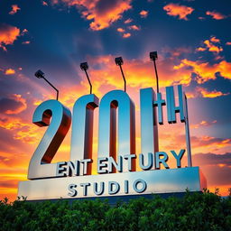 An elegant reimagining of the 20th Century Studios logo, set against a vivid sunset sky