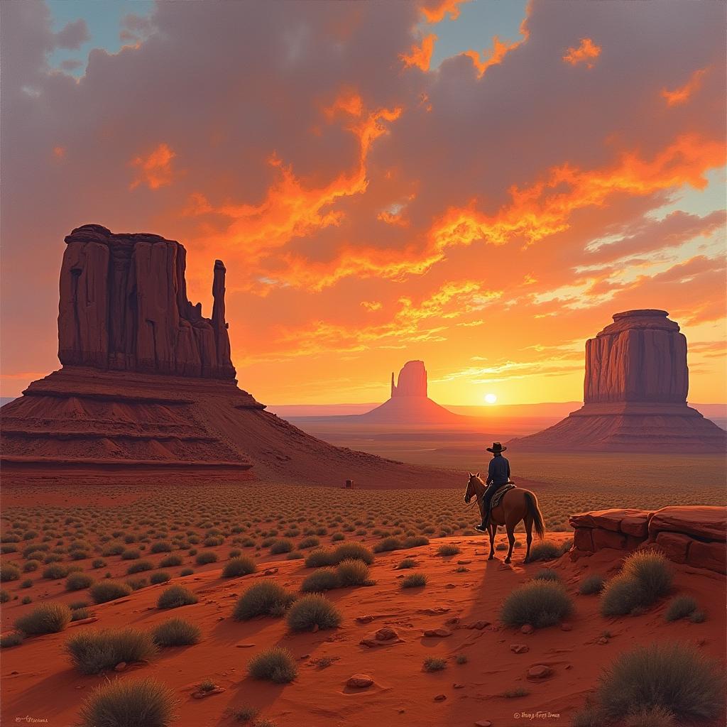 A landscape painting of Monument Valley rendered in the style of Frederick Remington