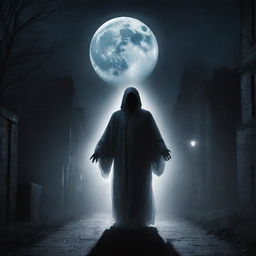 The just judge of the night portrayed as an ethereal urban legend, a spectral figure passing judgment under the ghostly moonlight amidst city surroundings.