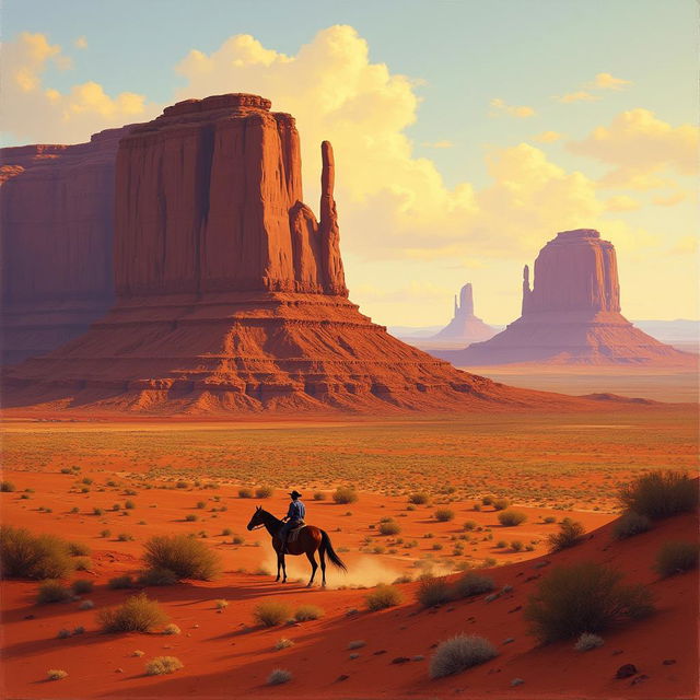 A stunning landscape painting of Monument Valley, depicted in the style of artist Frederick Remington