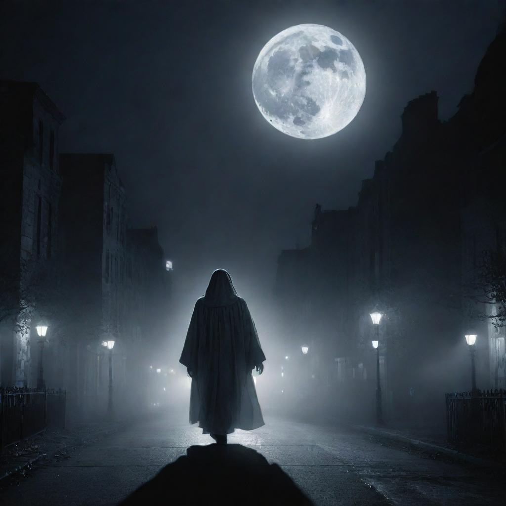 The just judge of the night portrayed as an ethereal urban legend, a spectral figure passing judgment under the ghostly moonlight amidst city surroundings.